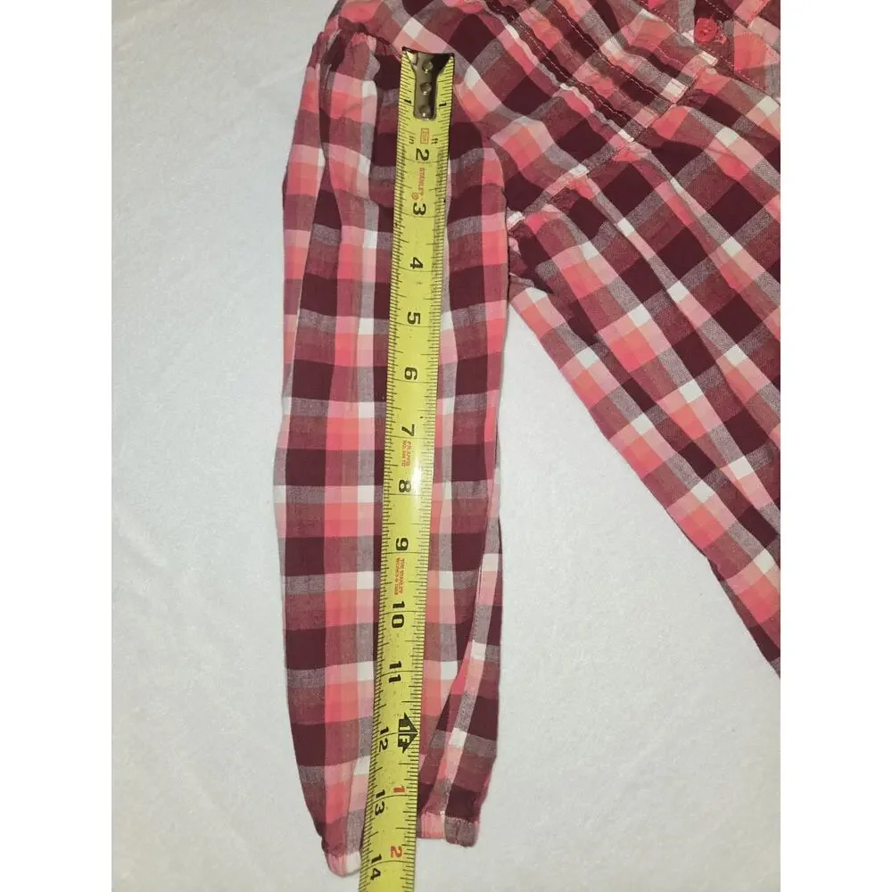 Oshkosh B'Gosh 100% Cotton Red & Pink Plaid Button Up Long Sleeve Shirt Size 5